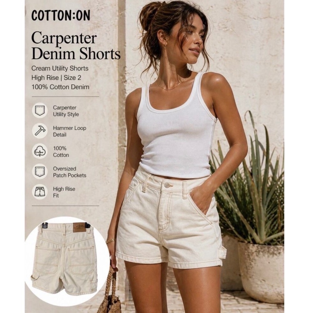 Cotton On White Denim Carpenter Shorts High Waisted Utility Size 6 US 10 AU